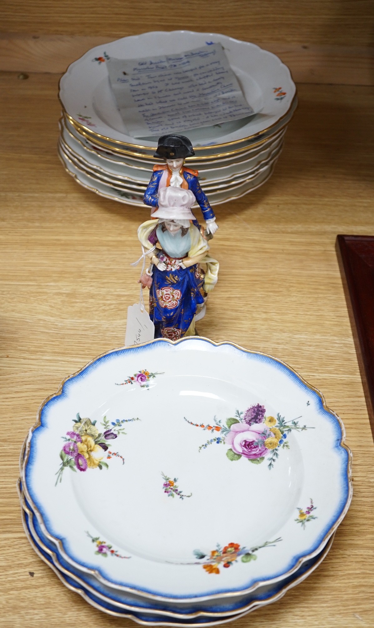 Three Meissen Marcolini floral blue edged plates, a pair of late 19th century Meissen floral spray plates, six similar Continental porcelain plates and two figures two figures (13)